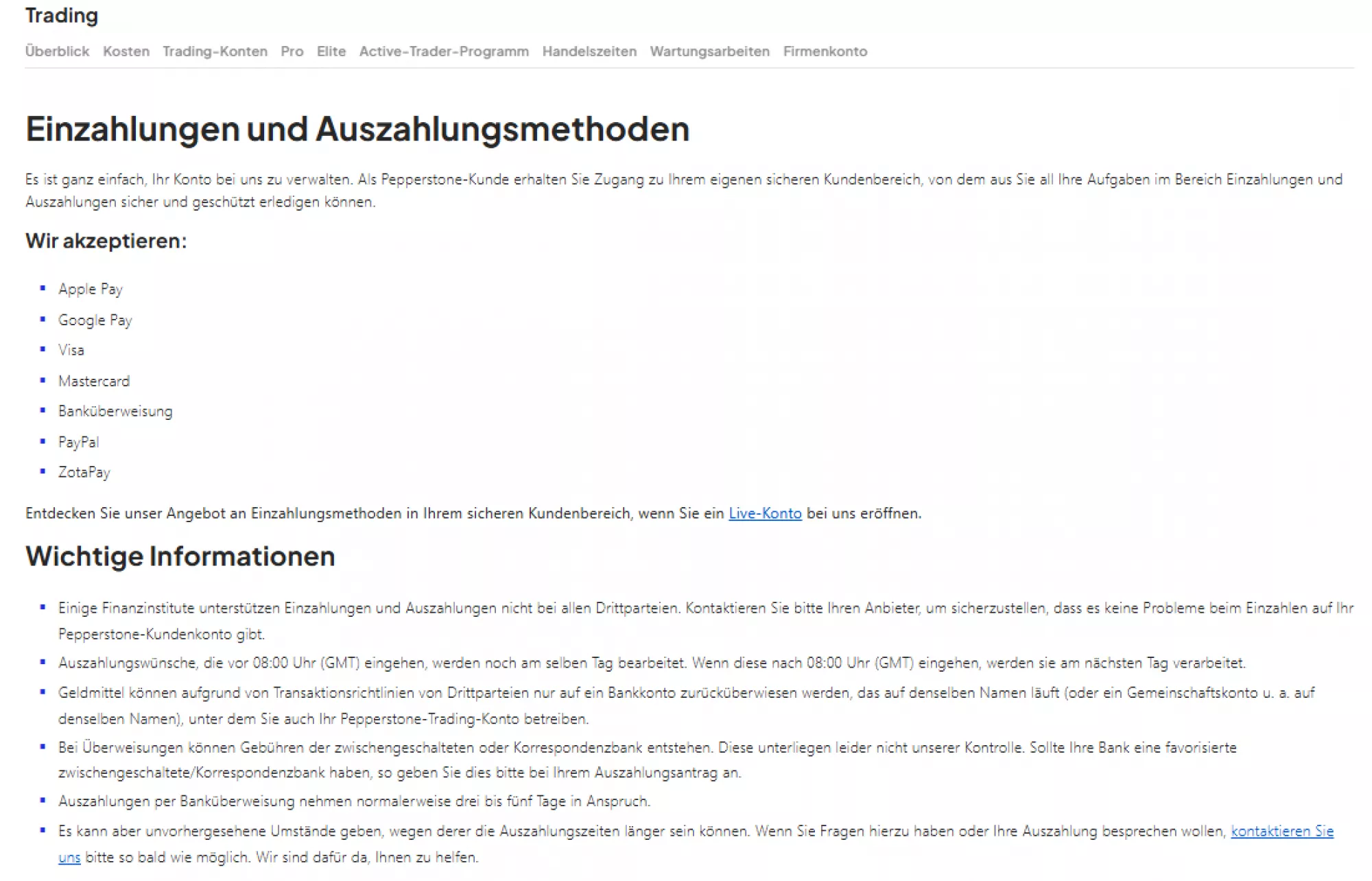 Ein und Auszahlungen Kosten Pepperstone